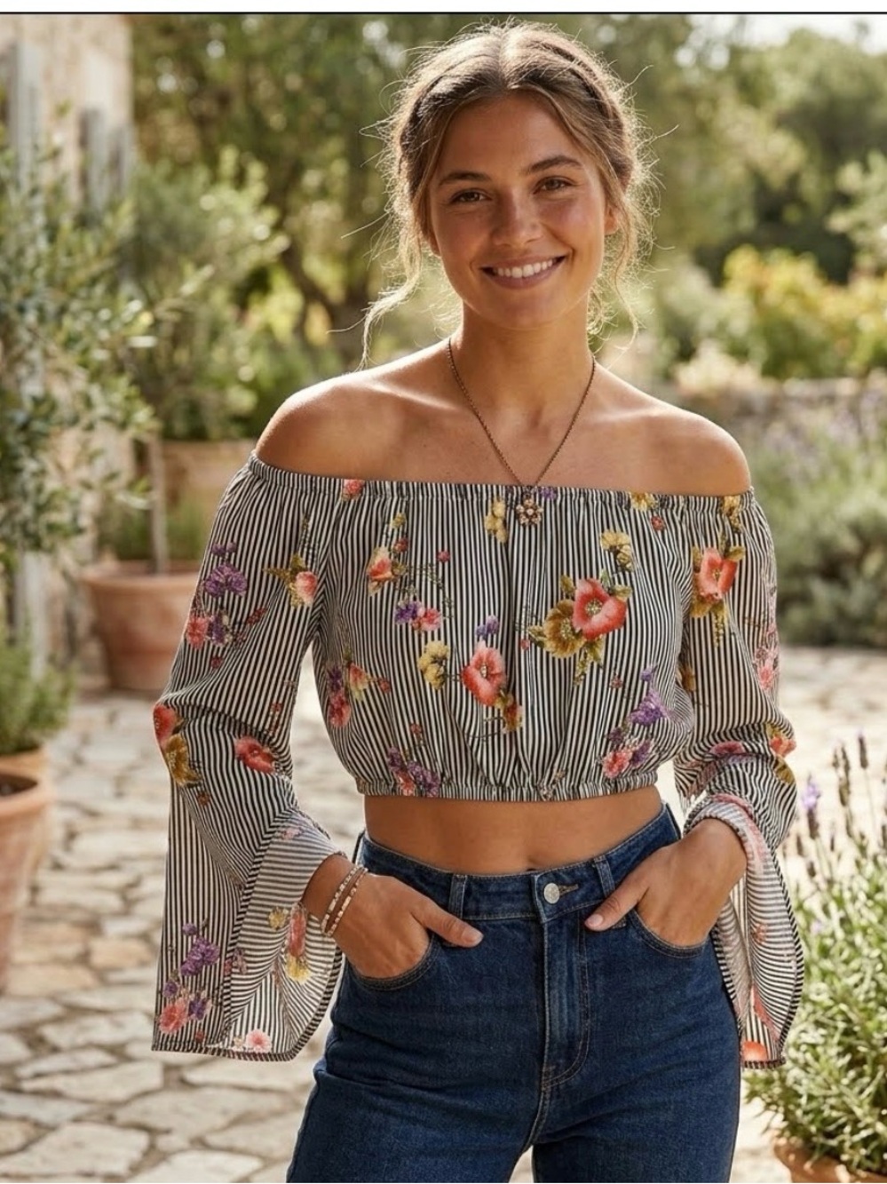 Trac Boho Floral Striped Flared Sleeve Off the Shoulder Crop Top Fits S/M 0068
